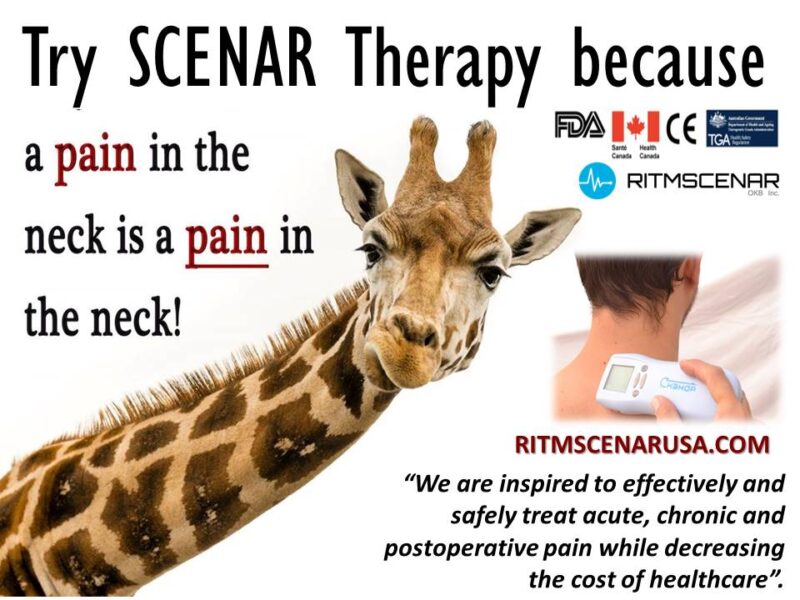 SCENAR therapy poster with giraffe illustration for neck pain