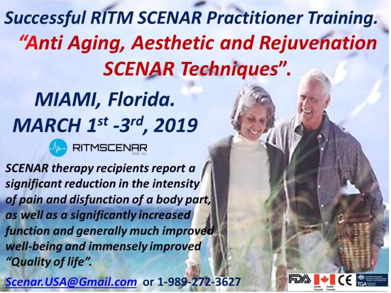 SCENAR Anti-Aging and Aesthetic training poster for Miami, FL, March 2019 with FDA and RITMSCENAR certification logos.