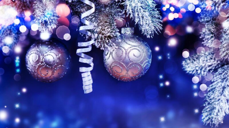 Festive holiday ornaments and winter foliage