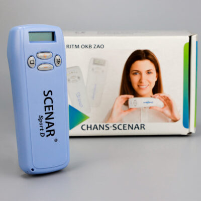 SCENAR Sport D device and CHANS-SCENAR packaging with smiling woman