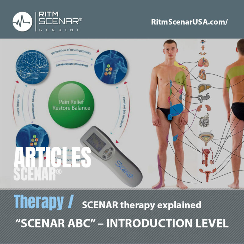 SCENAR therapy poster illustrating pain relief and neurostimulation