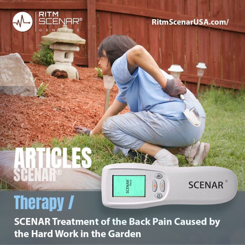 SCENAR therapy poster showing back pain treatment in the garden