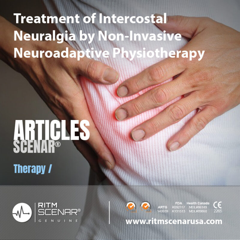 Intercostal neuralgia treatment poster with hands applying SCENAR therapy