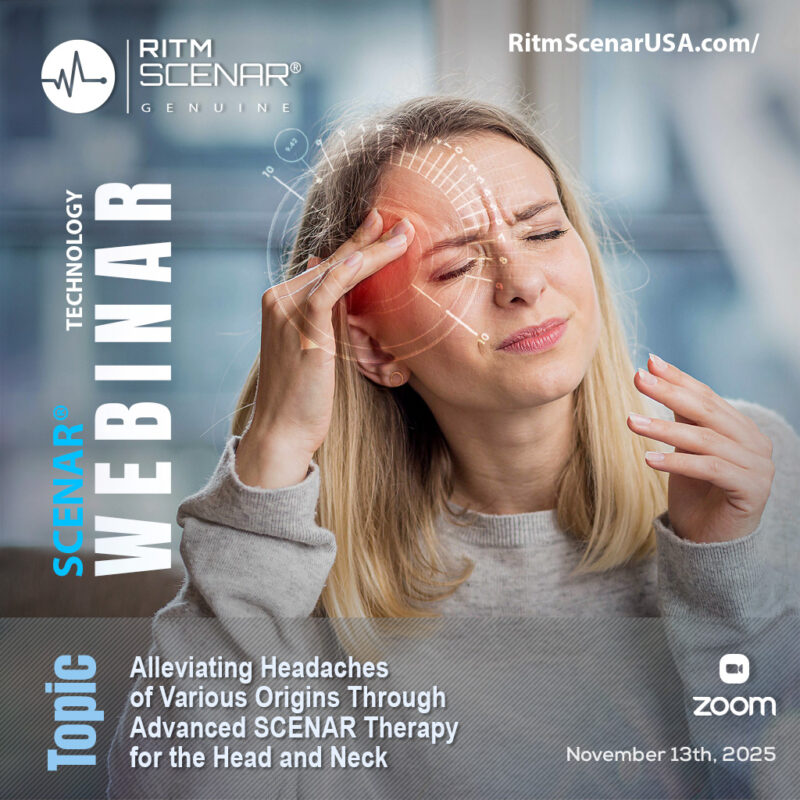 Alleviating Headaches Through Advanced SCENAR Therapy Nov 13, 2025 RITM SCENAR webinar. Woman rubbing temples in pain.