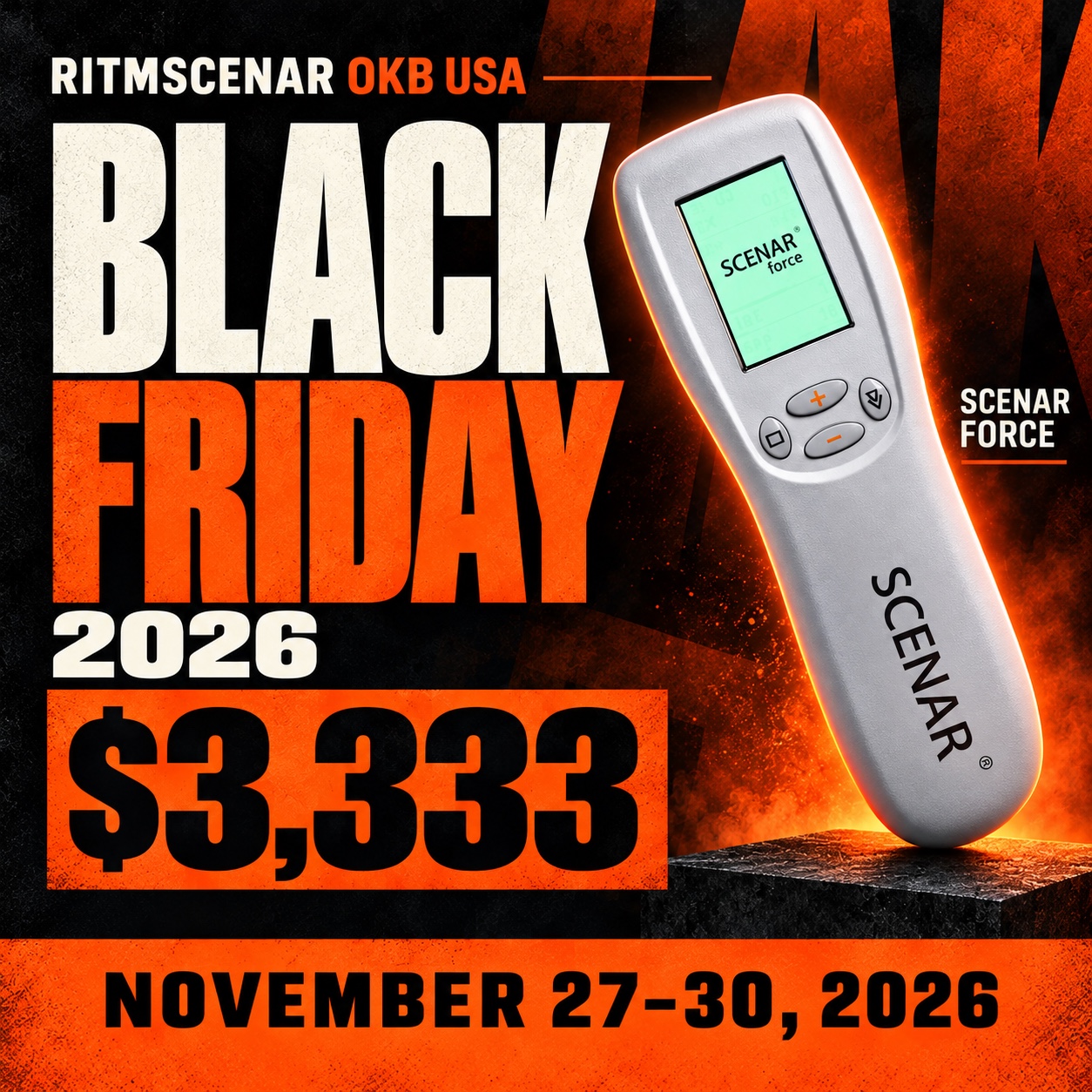 SCENAR Black Friday 2026 — FORCE $3,333, November 27–30 — square news poster